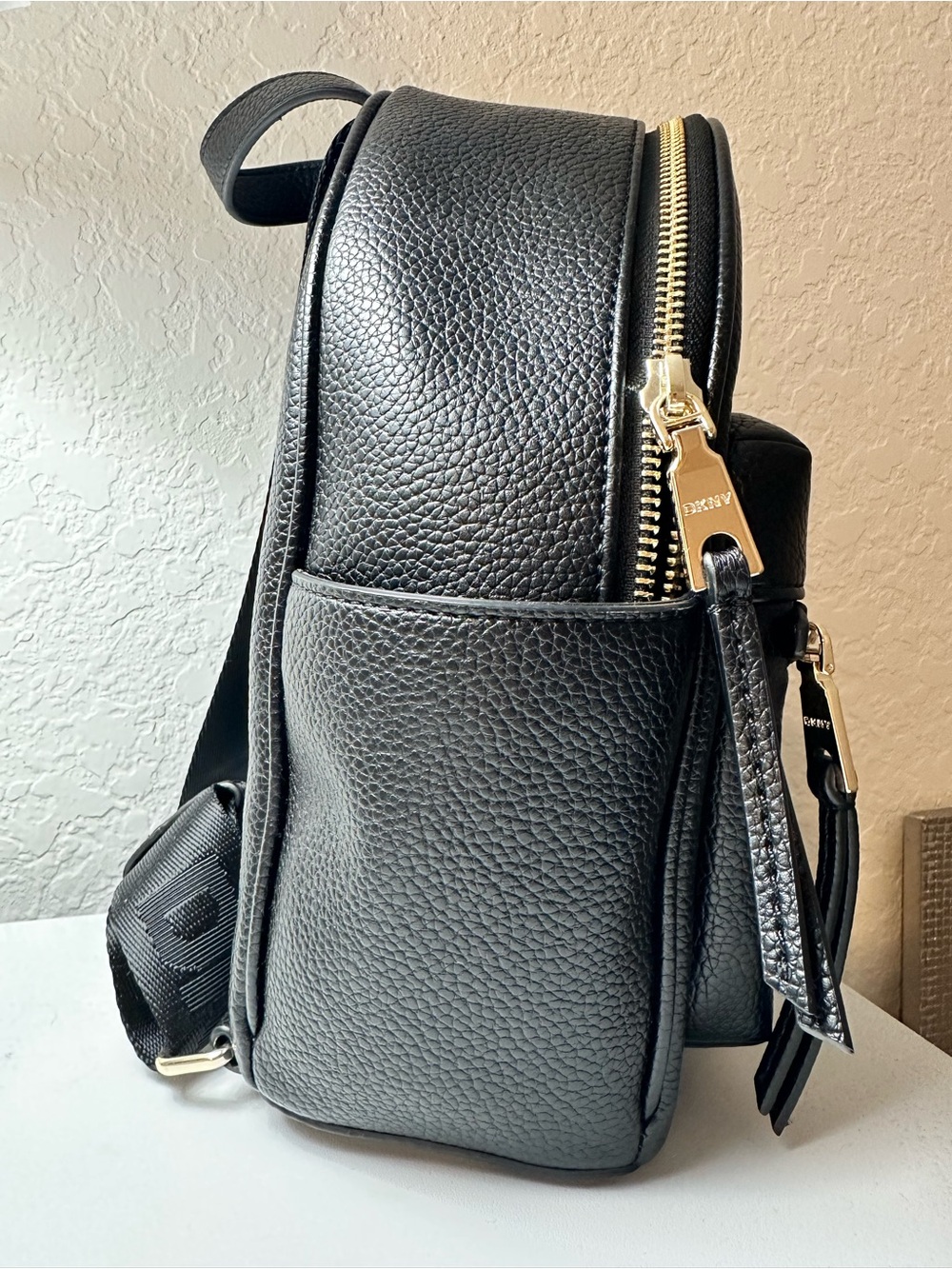 DKNY Black Pebbled Leather Mini Backpack with Gold Hardware - Picture 2 of 7